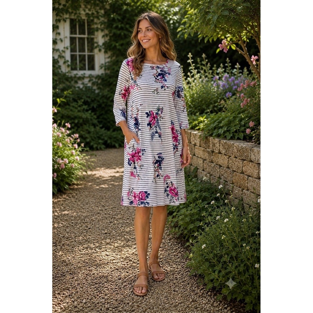 JOULES RIVIERA DRESS COTTON SHIFT FLORAL & STRIPED NAVY BLUE 14 US NWT